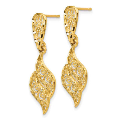 14K Yellow Gold Polished & Diamond-Cut Filigree Swirl Dangle Post Earrings