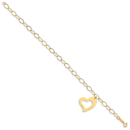 14K Yellow Gold Oval Link Open Chain With Heart Bracelet