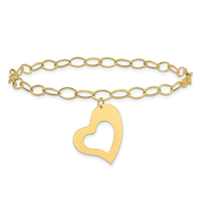 14K Yellow Gold Oval Link Open Chain With Heart Bracelet