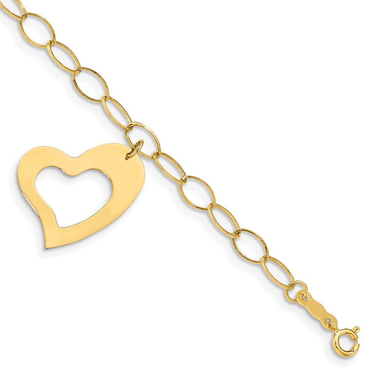 14K Yellow Gold Oval Link Open Chain With Heart Bracelet