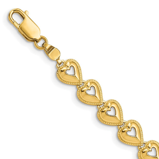 7 Inch 14K Polished Beaded Hearts Bracelet