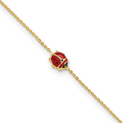 14K Yellow Gold Polished Enameled Ladybug 6.5In W/.75In Ext. Bracelet