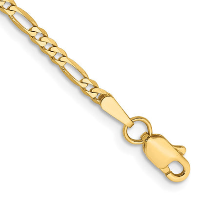 14K Yellow Gold 5.5 Inch 2.25mm Flat Figaro With Lobster Clasp Chain Bracelet