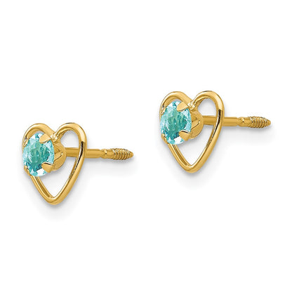 14K Yellow Gold Madi K 3mm Genuine Aquamarine Birthstone Heart Earrings