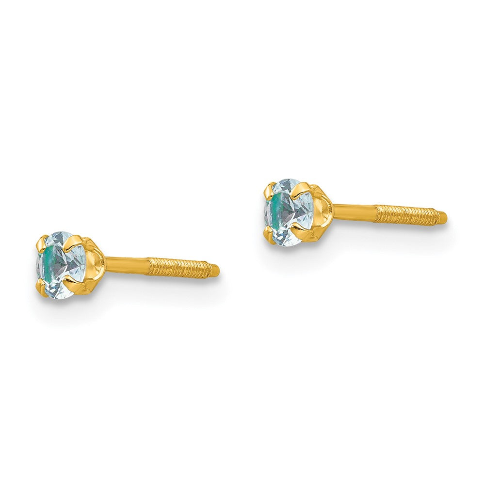 14K Yellow Gold Madi K 3mm Imitation Aquamarine Birthstone Earrings (Mar)