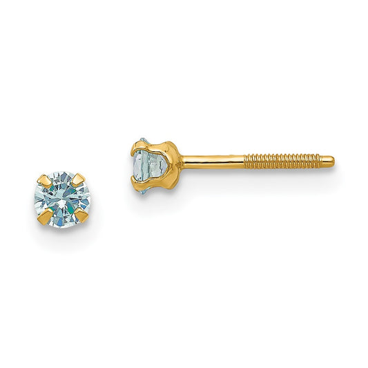 14K Yellow Gold Madi K 3mm Imitation Aquamarine Birthstone Earrings (Mar)