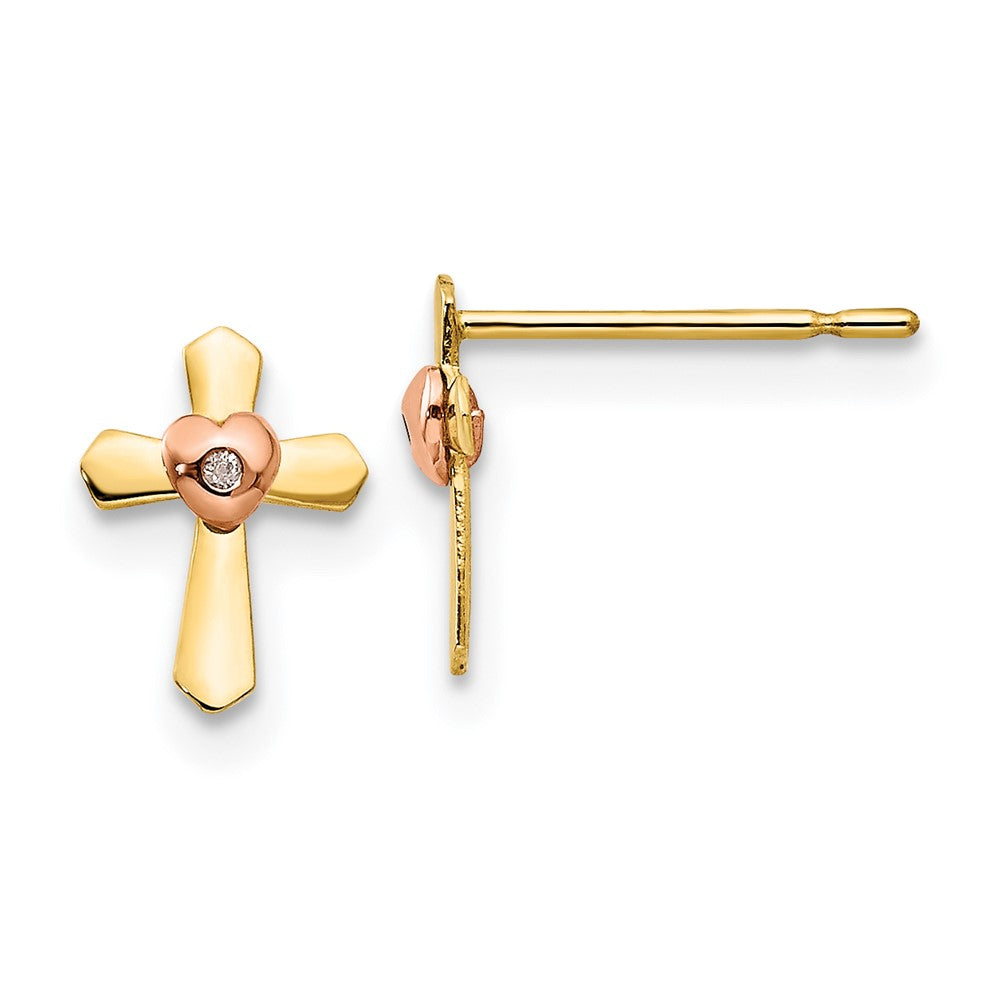 14K Two Tone Yellow & Rose Gold Madi K Children'S Cross Heart Post Earrings
