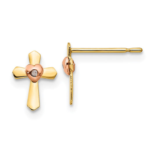 14K Two Tone Yellow & Rose Gold Madi K Children'S Cross Heart Post Earrings