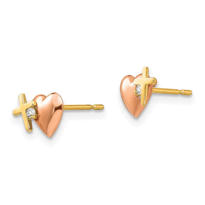 14K Two Tone Yellow & Rose Gold Madi K Cz Heart And Cross Post Earrings
