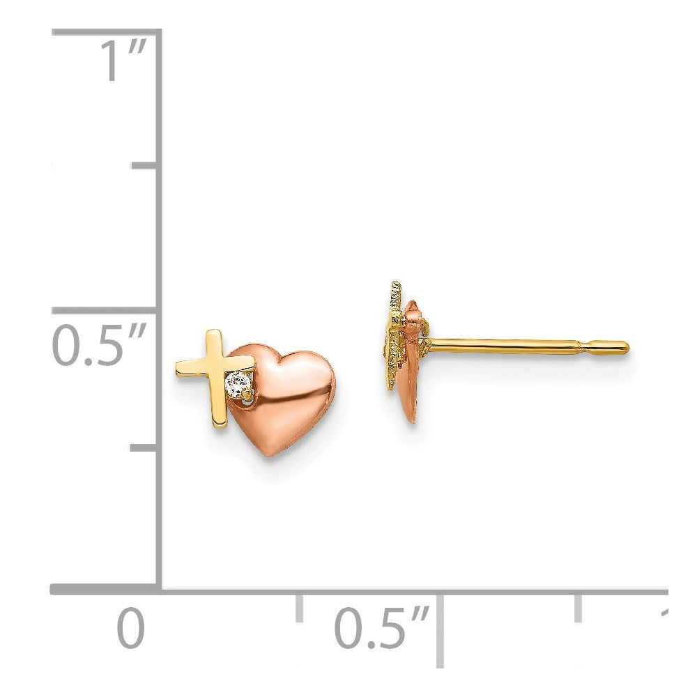 14K Two Tone Yellow & Rose Gold Madi K Cz Heart And Cross Post Earrings