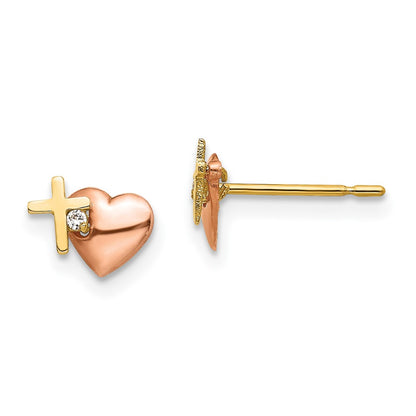 14K Two Tone Yellow & Rose Gold Madi K Cz Heart And Cross Post Earrings