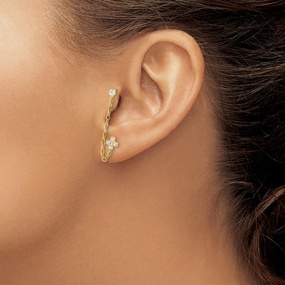 14K Yellow Gold Madi K Double Post Chain Cz Cross Earring (Single)