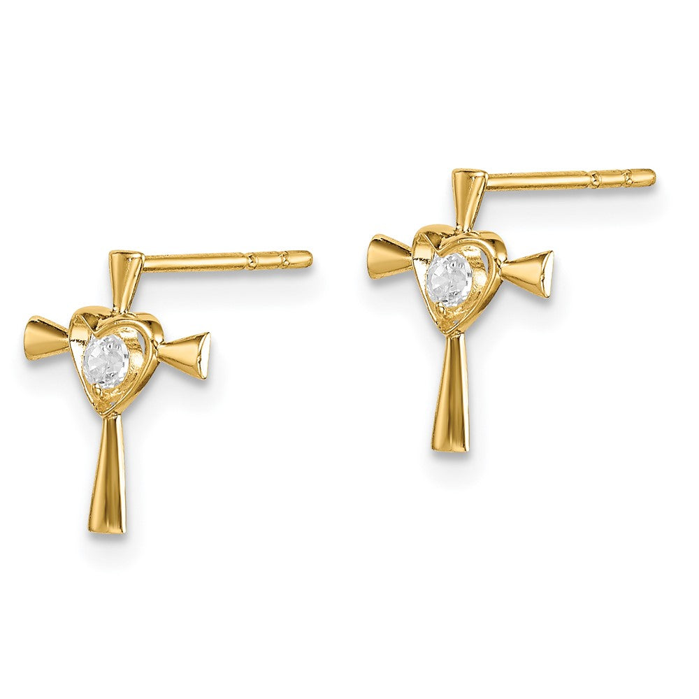 14K Yellow Gold Madi K Cz Cross With Heart Post Earrings