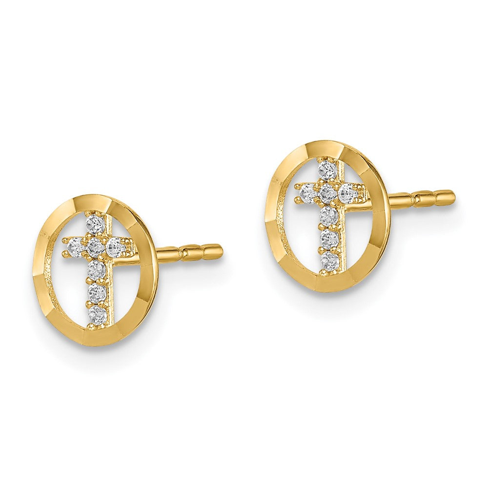 14K Yellow Gold Madi K Cz Diamond Cut Circle Cross Post Earrings