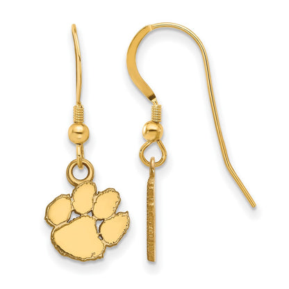 Gold Plated Sterling Silver Logoart Clemson University Tiger Paw Extra Small Dangle Wire Earrings