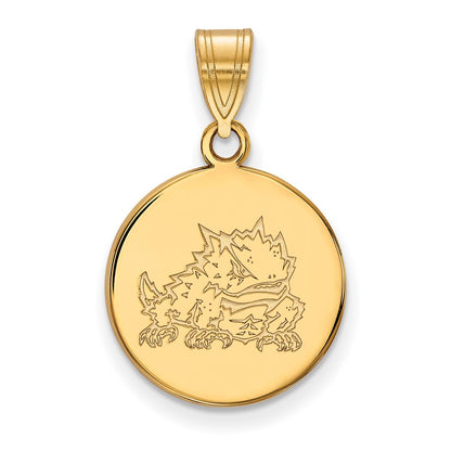 14K Yellow Gold Logoart Texas Christian University Horned Frog Medium Disc Pendant