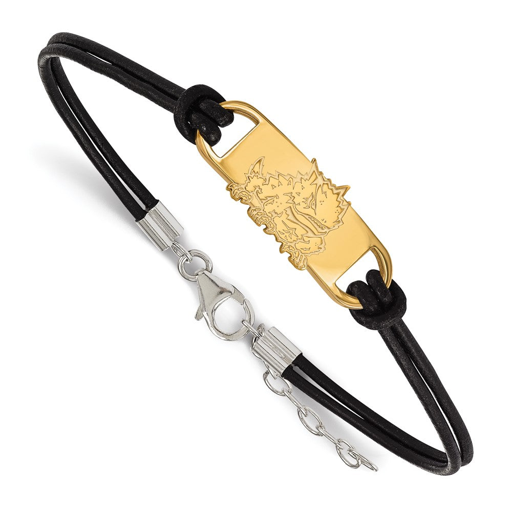 Gold Plated Sterling Silver Logoart Texas Christian University Horned Frog Small Center Black Leather 7 Inch Bracelet With Extender