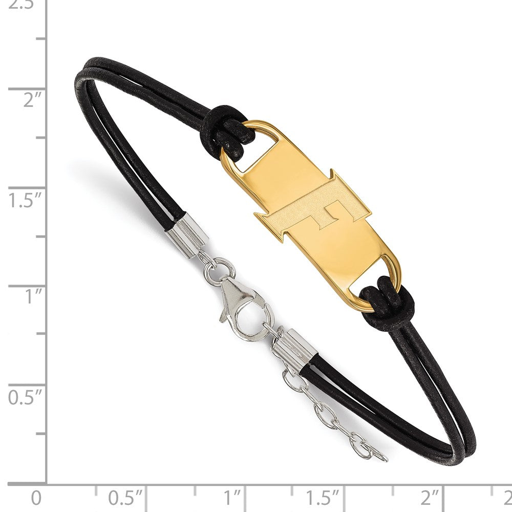 Gold Plated Sterling Silver Logoart University Of Florida Letter F Small Center Black Leather 7 Inch Bracelet With Extender