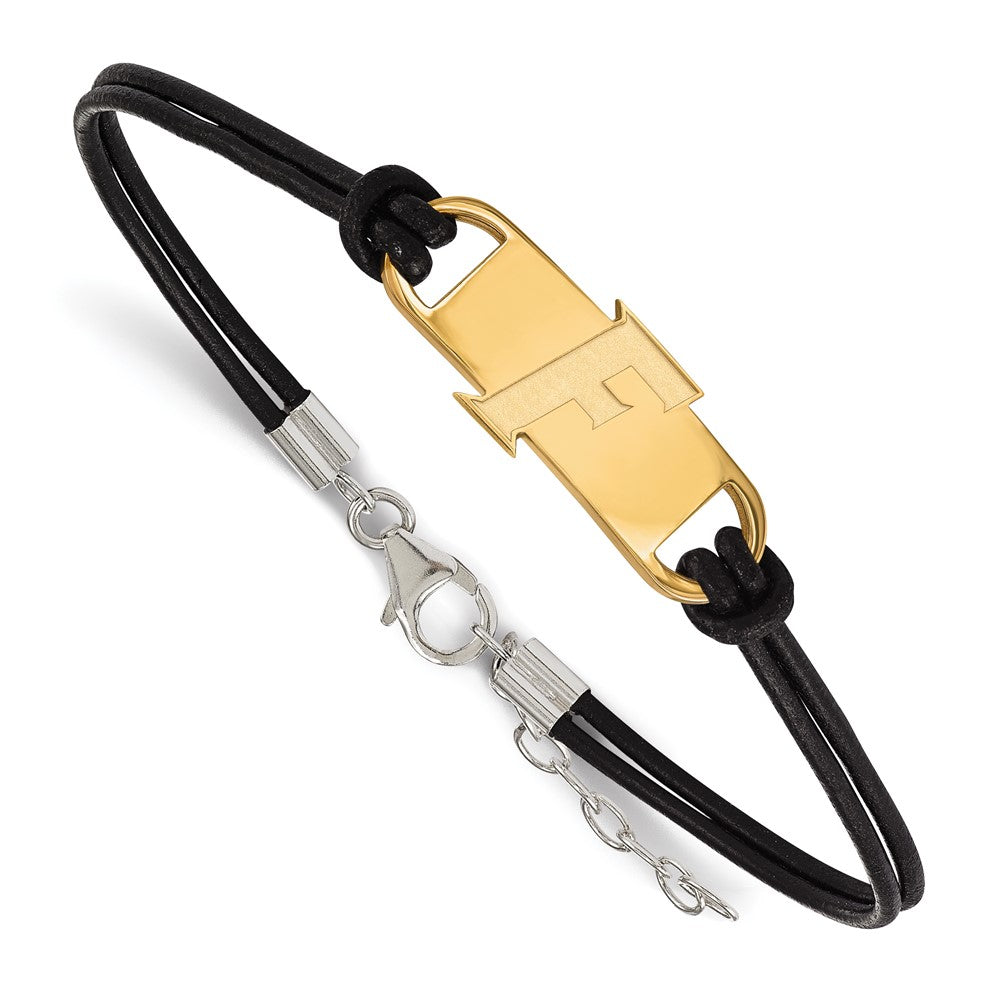 Gold Plated Sterling Silver Logoart University Of Florida Letter F Small Center Black Leather 7 Inch Bracelet With Extender