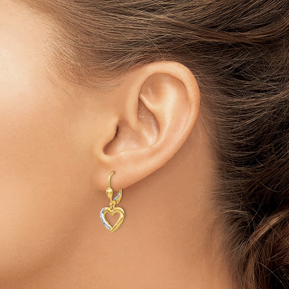 14K Yellow & Rhodium And Textured Polished Heart Leverback Earring