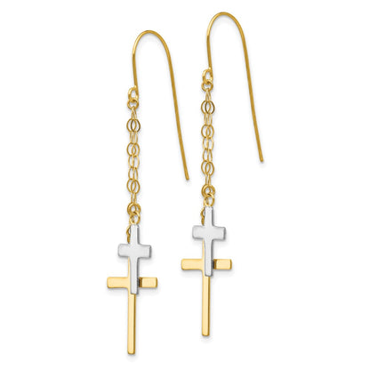 14K Two Tone Chain Dangle Cross Shepherd Hook Earrings