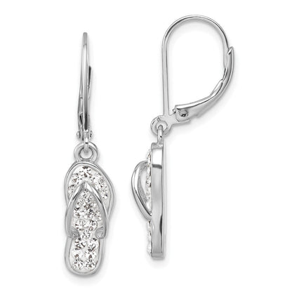 Sterling Silver Rhodium Plated Polished White Crystal Flip Flop Dangle Earrings