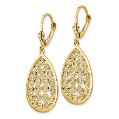 14k Yellow Gold Teardrop Filigree Dangle Leverback Earrings