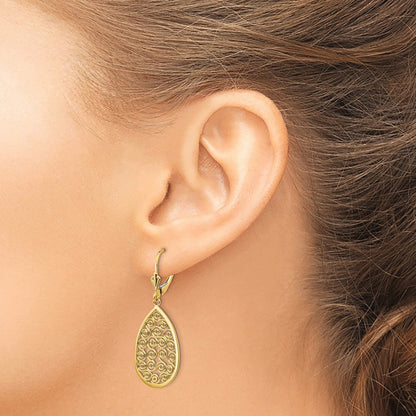 14k Yellow Gold Teardrop Filigree Dangle Leverback Earrings