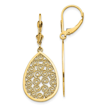 14k Yellow Gold Teardrop Filigree Dangle Leverback Earrings