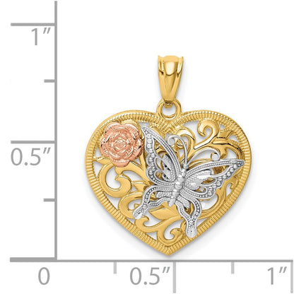 14k Tri-Color Gold Butterfly Heart Pendant