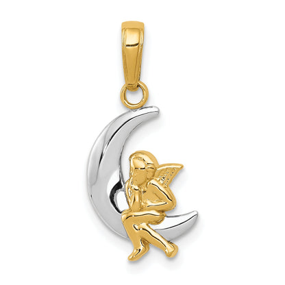 14K Yellow & Rhodium And Polished Moon W/ Angel Pendant