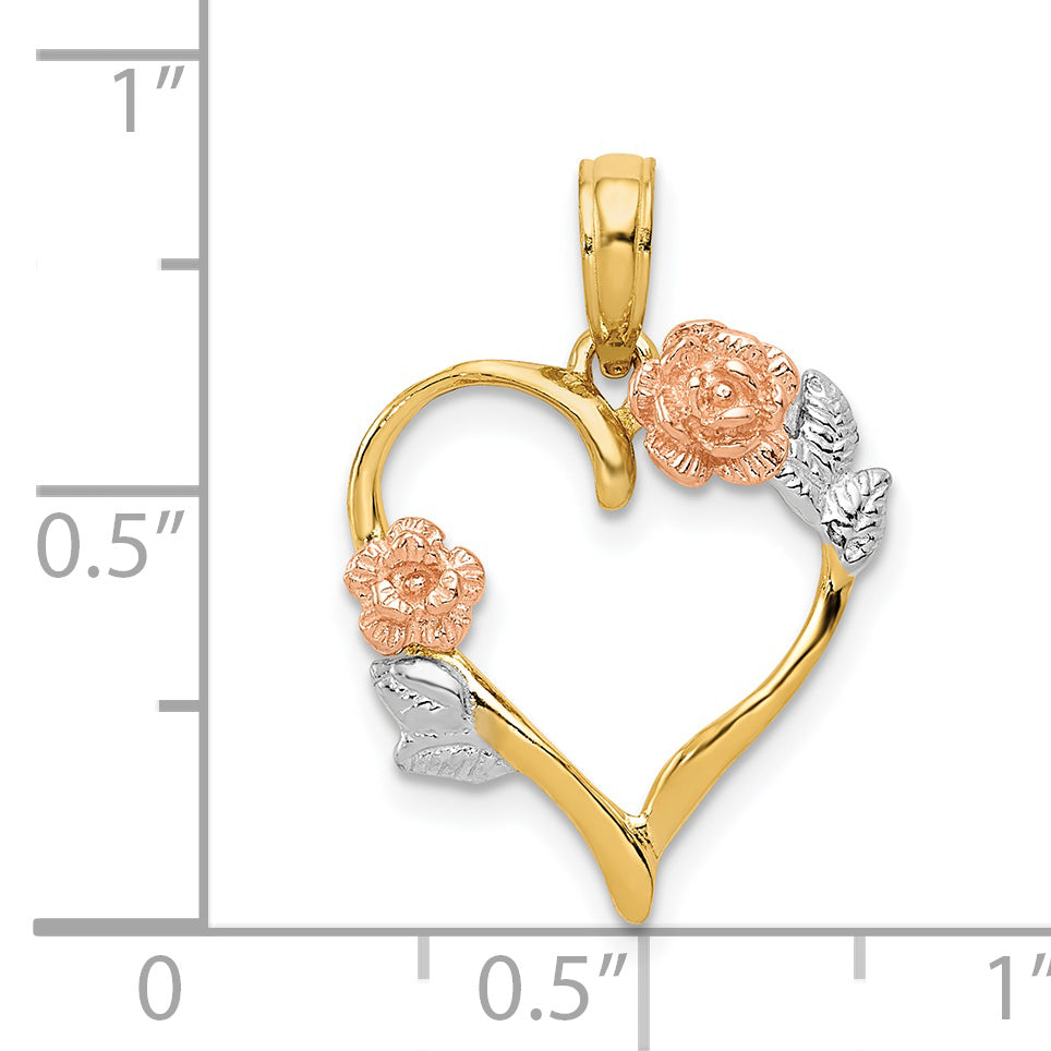14K Two-Tone And White Rhodium Polished Flower Heart Pendant