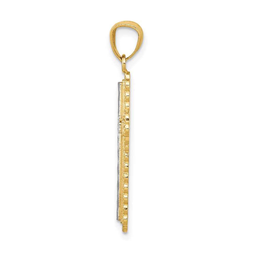 14K Yellow & Rhodium W/Rhodium Diamond-Cut Budded Cross Pendant