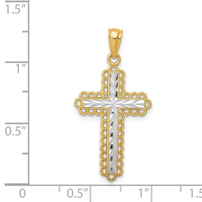 14K Yellow & Rhodium W/Rhodium Diamond-Cut Budded Cross Pendant