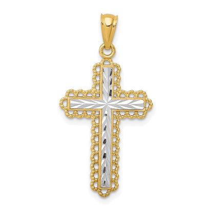 14K Yellow & Rhodium W/Rhodium Diamond-Cut Budded Cross Pendant