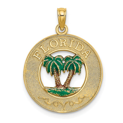 14k Yellow Gold Florida Enamel Palm Trees Circle Charm