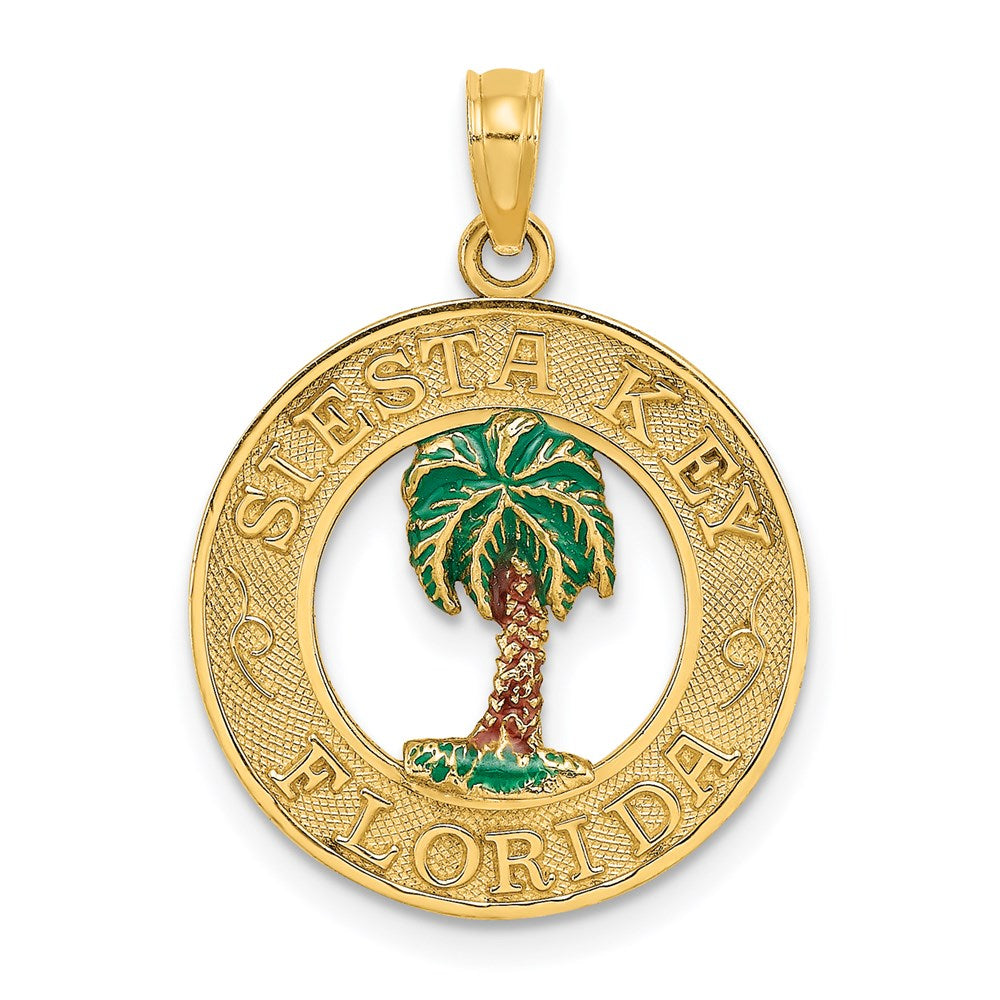 14k Yellow Gold SIESTA KEY FL Enameled Palm Tree Circle Charm