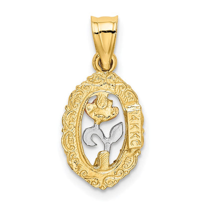 14K Two-Tone W/White Rhodium Rose In Oval Frame Charm