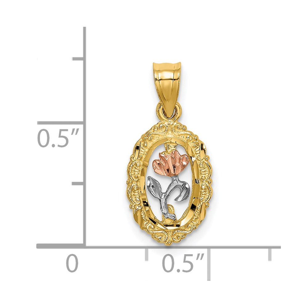 14K Two-Tone W/White Rhodium Rose In Oval Frame Charm