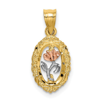 14K Two-Tone W/White Rhodium Rose In Oval Frame Charm