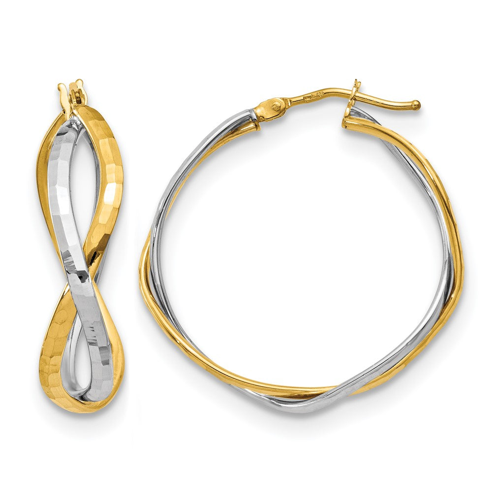 14K Yellow & Rhodium With Polished Criss Cross Hoop Earrings
