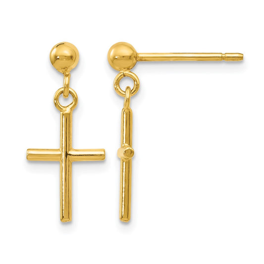 14K Yellow Gold Polished Cross Post Drop Earrings