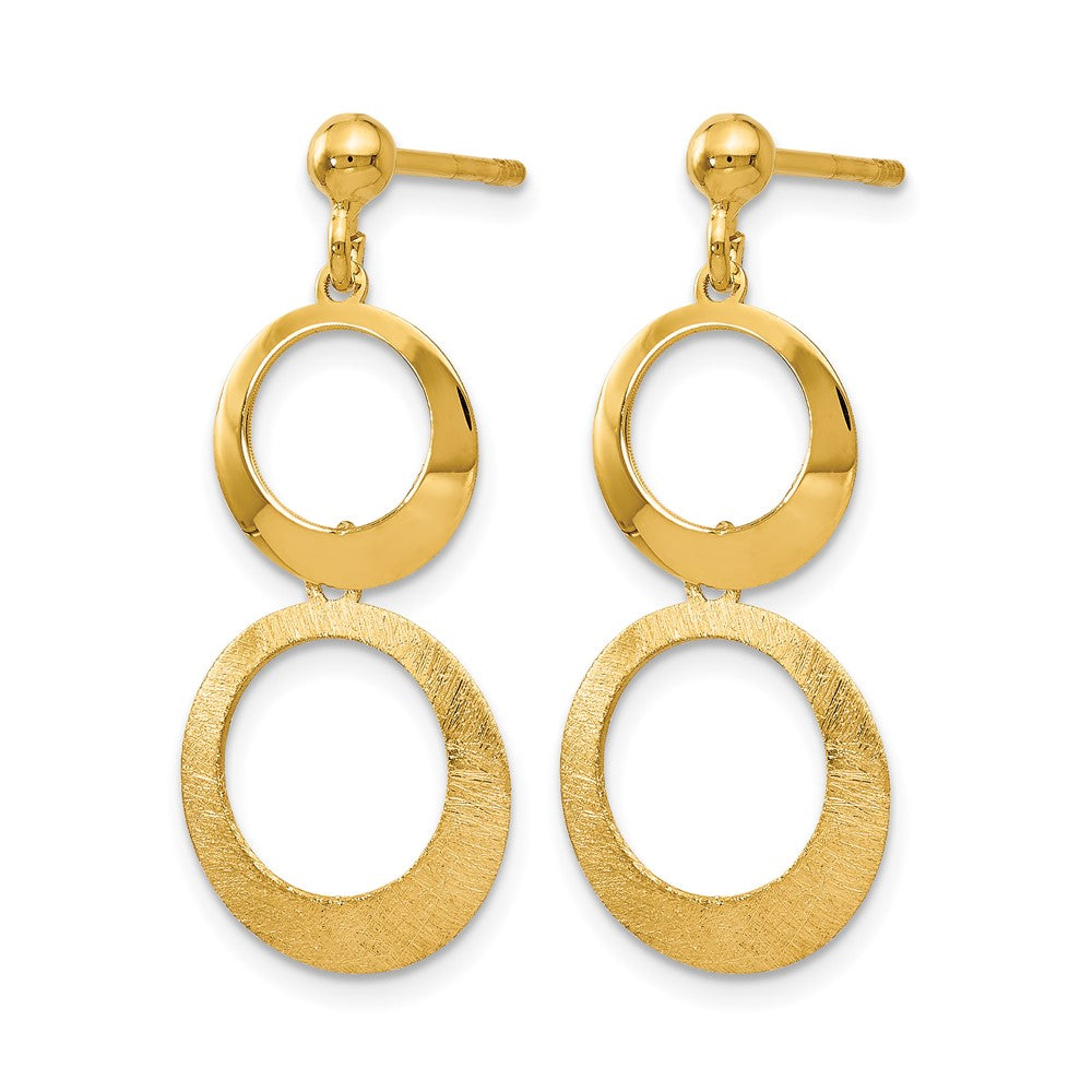 14K Yellow Gold Polished And Scratch Finish Circle Post Dangle Earrings