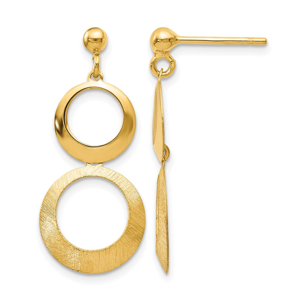 14K Yellow Gold Polished And Scratch Finish Circle Post Dangle Earrings