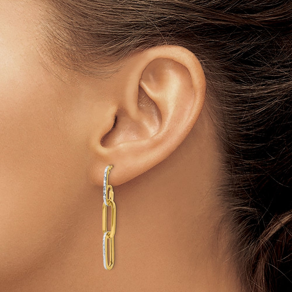 14K Yellow & Rhodium With White Pol And Diamond Cut Link Dangle Earrings