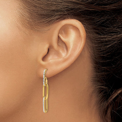 14K Yellow & Rhodium With White Pol And Diamond Cut Link Dangle Earrings