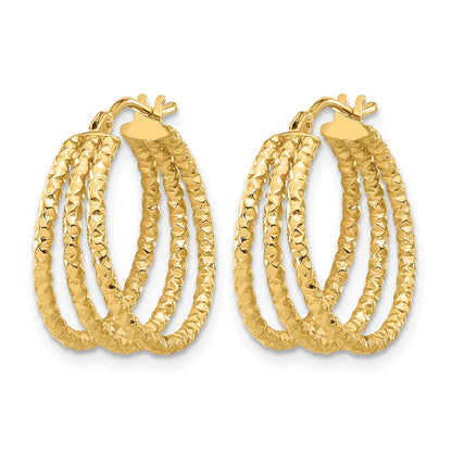 14K Yellow Gold Polished And Textured Three Row Hoop Post Earrings