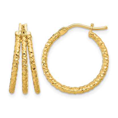 14K Yellow Gold Polished And Textured Three Row Hoop Post Earrings