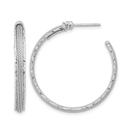 14K White Gold Diamond Cut And Textured Post Hoop Earrings