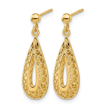 14K Yellow Gold Filigree Teardrop Post Dangle Earrings